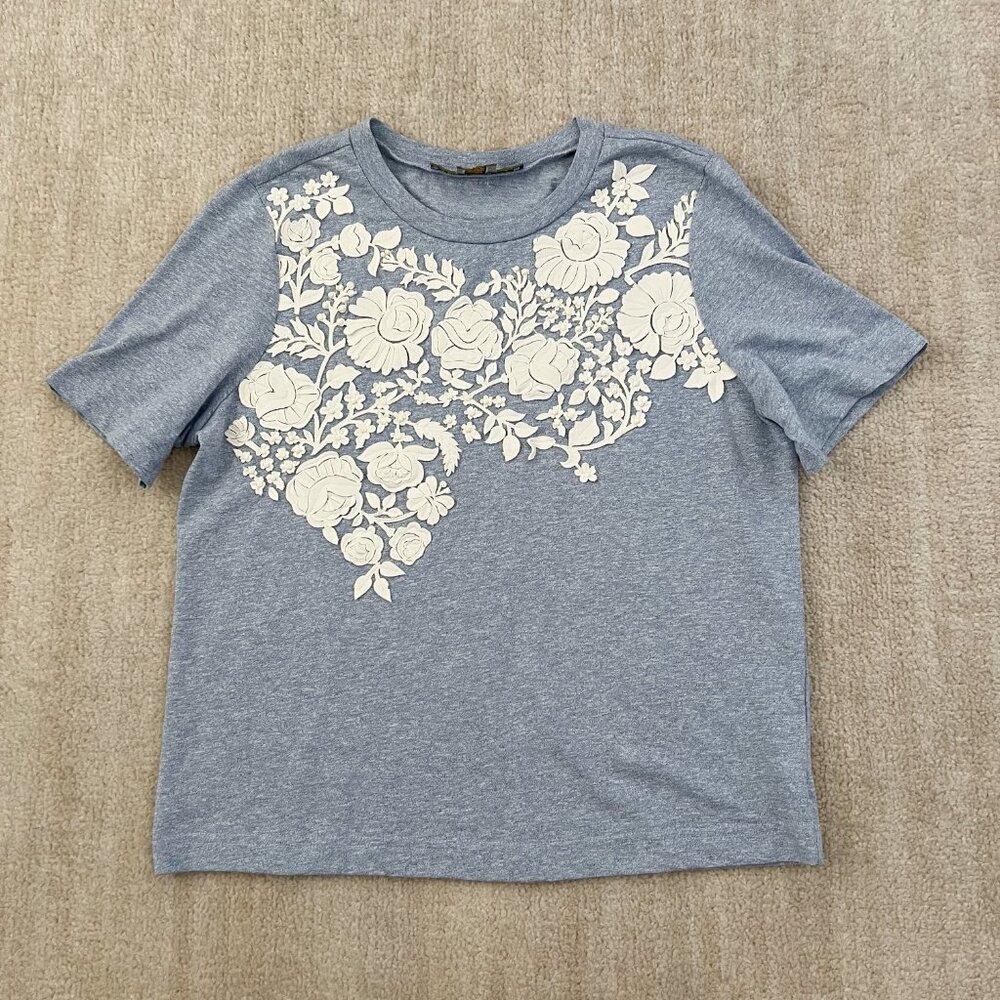 Anthropologie Pankaj & Nidhi Floral Short Sleeve Tee Shirt T-Shirt S Blue